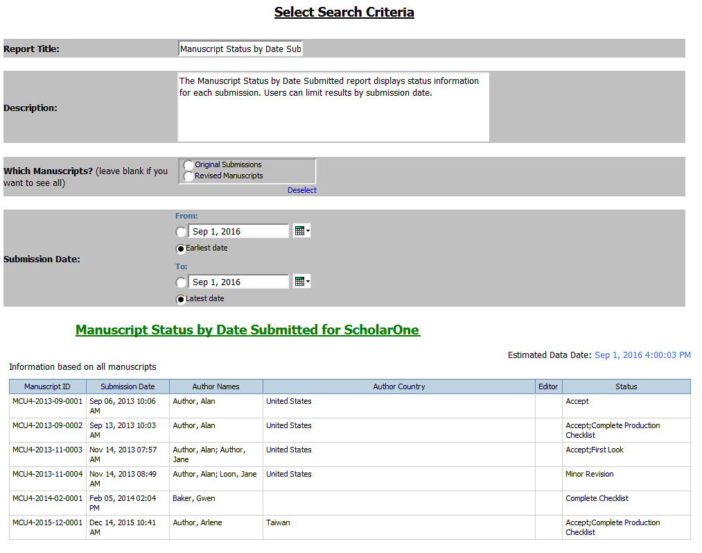 Manuscript Status & Summary Reports: Manuscript Status by Date Submitted