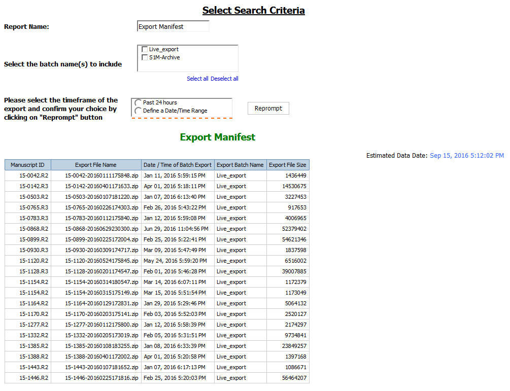 Manuscript Status & Summary Reports: Export Manifest