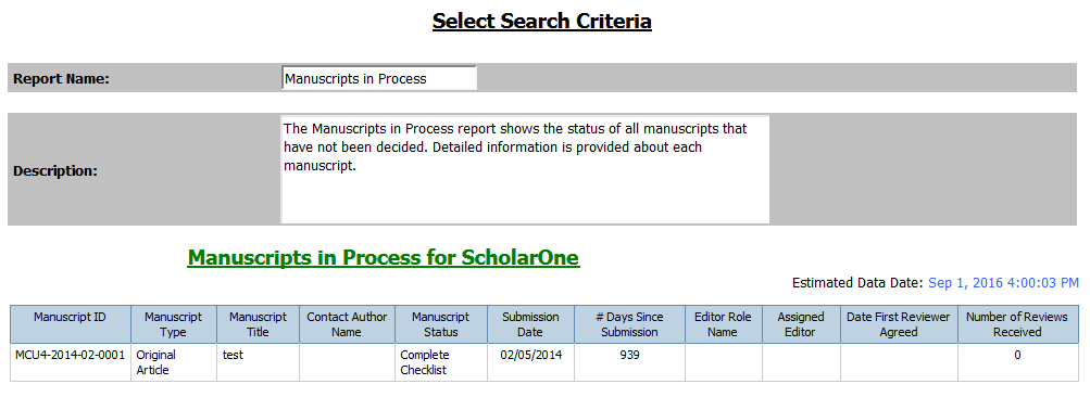 Manuscript Status & Summary Reports: Manuscripts in Process