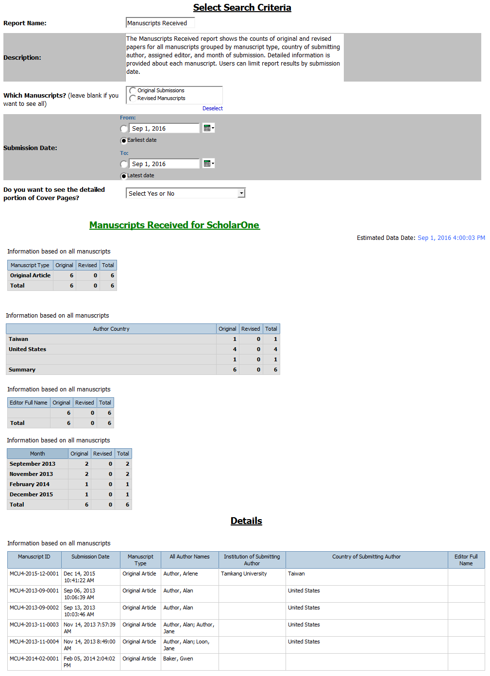 Manuscript Status & Summary Reports: Manuscripts Received